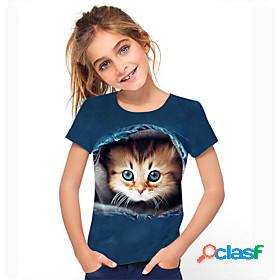 Kids Girls Tee Cat Short Sleeve Graphic Animal Rainbow