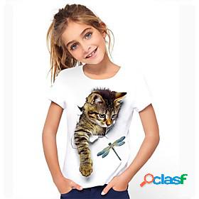 Kids Girls Tee Cat Short Sleeve Graphic Animal Rainbow