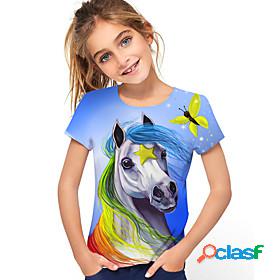 Kids Girls Tee Horse Unicorn Short Sleeve Graphic 3D Animal