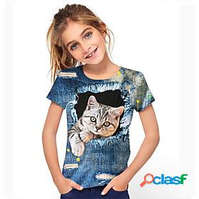 Kids Girls Tee Short Sleeve Cat Graphic Animal Rainbow