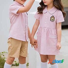 Kids Little Boys Girls Dress Shirt Shorts Plaid / Check Pink