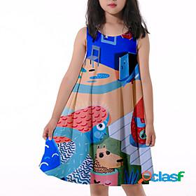 Kids Little Girls Dress Animal Print Blue Knee-length