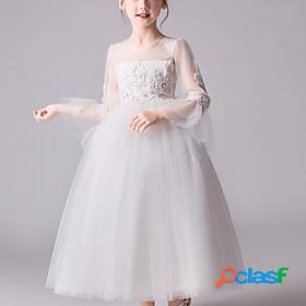 Kids Little Girls Dress Floral Mesh White Maxi Long Sleeve