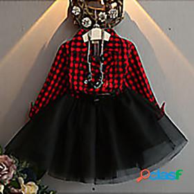 Kids Little Girls Dress Houndstooth Patchwork Black Red