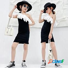 Kids Little Girls' Dress Patchwork Daily Wear Black Cotton