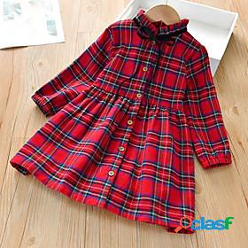 Kids Little Girls Dress Plaid School Daily Drawstring Red
