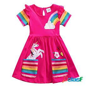 Kids Little Girls Dress Rainbow Cartoon Striped Unicorn T