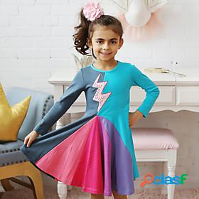 Kids Little Girls Dress Rainbow Color Block Casual Daily