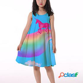 Kids Little Girls Dress Rainbow Unicorn Unicorn Print Blue