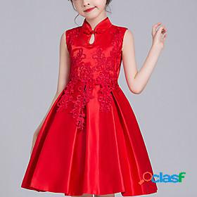 Kids Little Girls Dress Solid Colored Mesh Red Above Knee