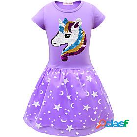 Kids Little Girls Dress Unicorn Cartoon Print Sequin Shift