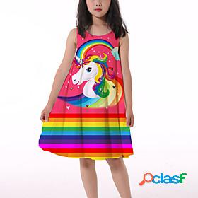 Kids Little Girls Dress Unicorn Rainbow Unicorn Print Red