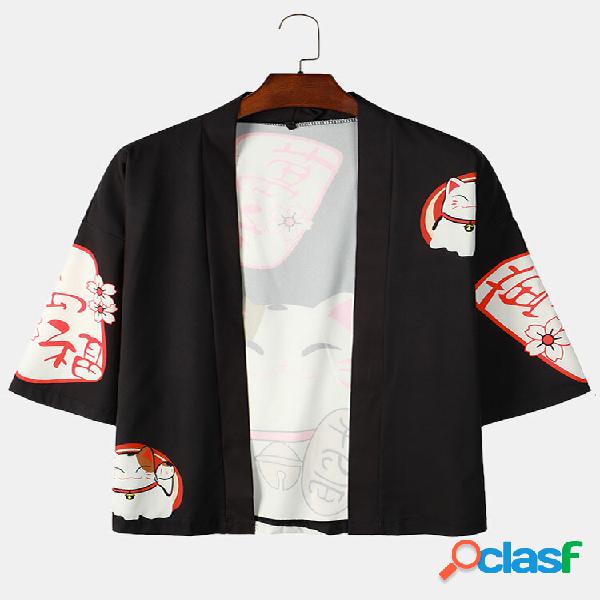 Kimono allentato da uomo con stampa floreale gatto fortunato