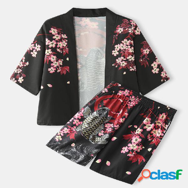 Kimono da uomo con stampa di carpe e fiori di pesce