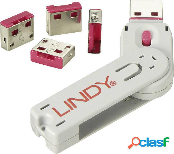 LINDY Blocco porta USB USB-Lock + Key Kit da 4 Rosa incl. 1