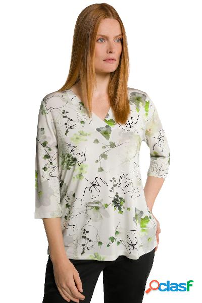 Maglia con fiori, doppio scollo a V e maniche a 3/4, Donna,