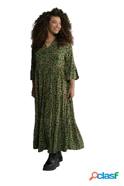 Maxi abito con colorato design leopardato, volant e maniche