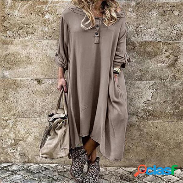 Maxi vestito casual da donna con tasche laterali solide con