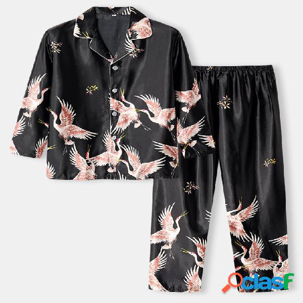 Men Faux Silk Crane Print Two Pieces Luxury Chinese Style