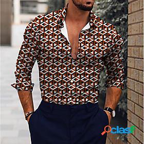 Mens Shirt Geometric Turndown Street Casual Long Sleeve