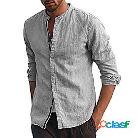 Mens Shirt Solid Color Collar Street Causal Long Sleeve Tops