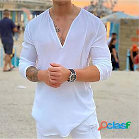 Mens Shirt Solid Color V Neck Street Casual Long Sleeve Tops