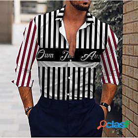 Mens Shirt Striped Letter Collar Street Casual Long Sleeve