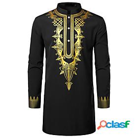 Mens Shirt Tribal Round Neck Party Daily Long Sleeve Print