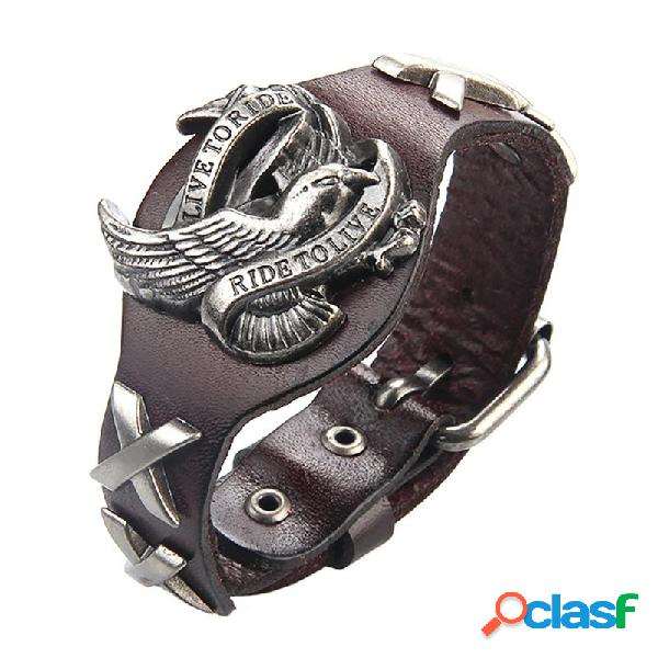 Punk Vera Pelle Wrap Wristband Bangle Alloy Eagle Bracciale