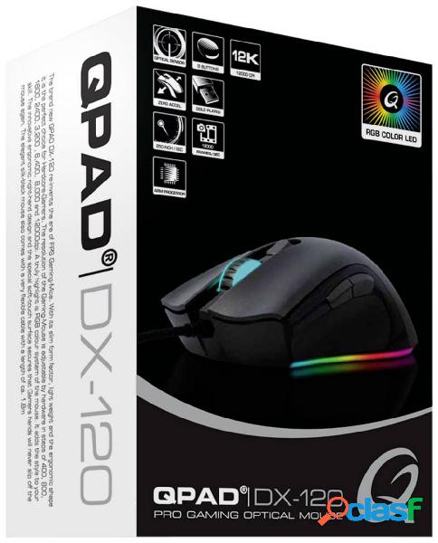 QPAD DX120 Mouse da gioco USB Ottico Nero, RGB 6 Tasti 12000