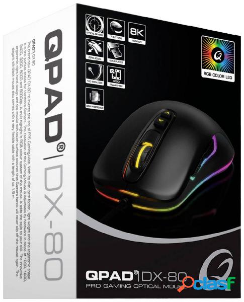 QPAD DX80 Mouse da gioco USB Ottico Nero, RGB 7 Tasti 1000
