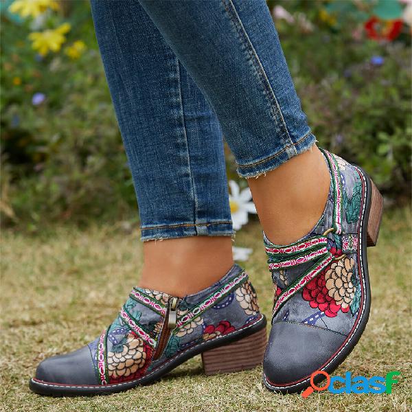 Socofy Vera Pelle Patchwork Comode scarpe floreali con tacco