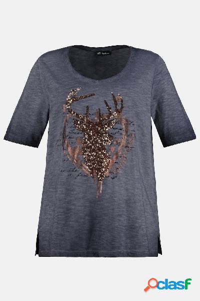 T-shirt con cervo in paillettes, scollatura a V e mezze
