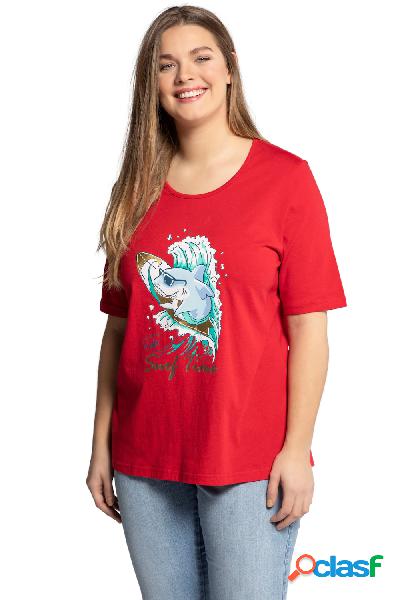 T-shirt con disegno di squalo, scollo a girocollo, effetto