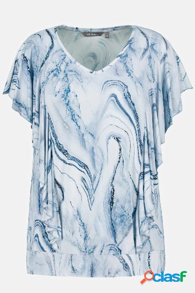 T-shirt con stampa a effetto marmo, ruche, scollatura a V e