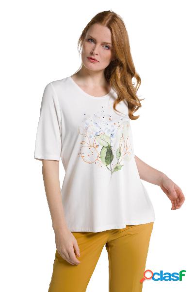 T-shirt con stampa floreale, cristalli decorativi, scollo a