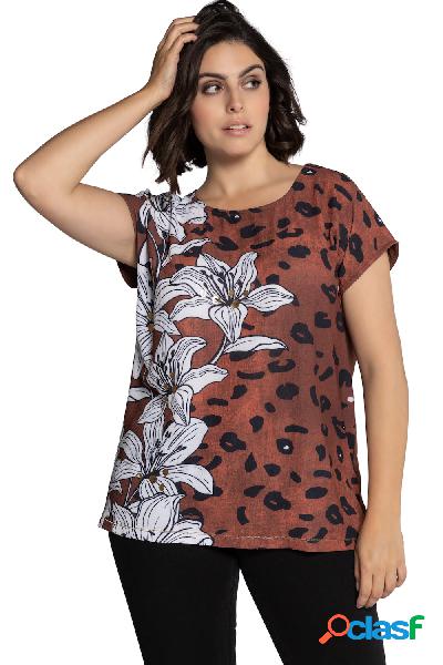 T-shirt oversize con fiori e fantasia leopardata, scollo a