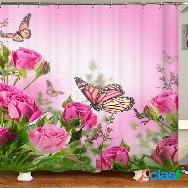 Tenda da doccia 180x180 cm / Tappetino 3 pezzi Farfalla Rosa