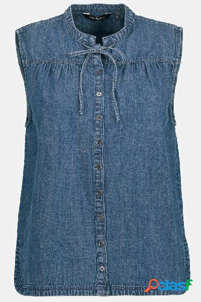 Top di jeans dal taglio svasato e smanicato con cucitura