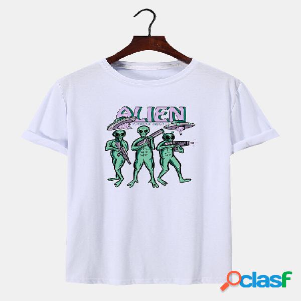 Uomini Animatic Alien Print Crew Collo Hem Cuff Soft T-shirt