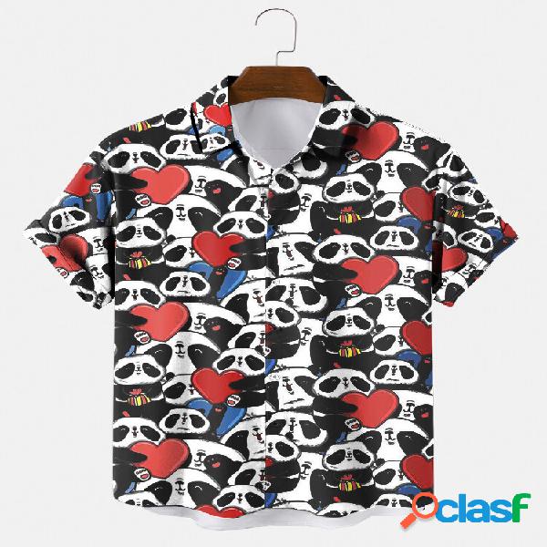 Uomo Allover Panda Stampa Cute Cartoon Button Up Camicie a