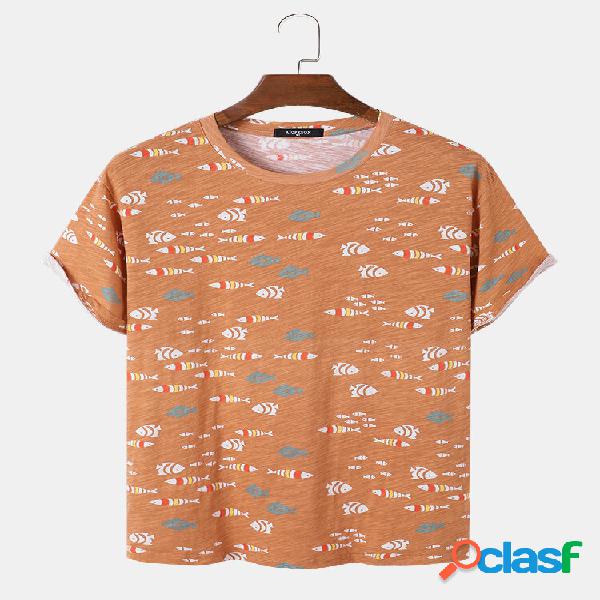 Uomo Cotone Allover Fish Print Round Collo T-shirt per il