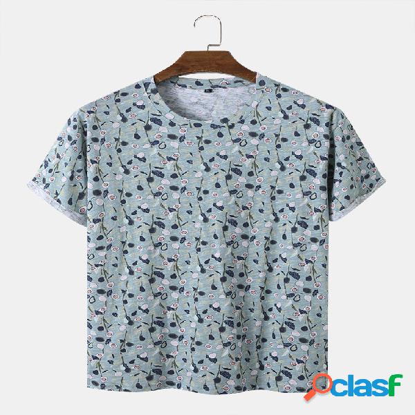 Uomo cotone stampa floreale orlo polsino O Collo T-shirt