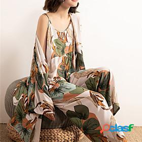 Womens 3 Pieces Pajamas Sets Simple Fashion Comfort Flower