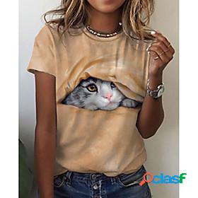 Womens 3D Cat Painting T shirt Cat 3D Animal Print Round