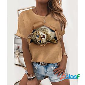 Womens 3D Cat T shirt Cat 3D Animal Print Round Neck Basic