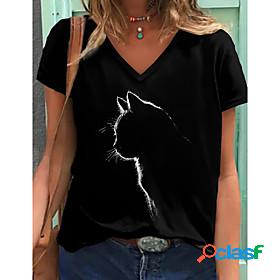Womens 3D Cat T shirt Cat Graphic Print V Neck Basic Tops