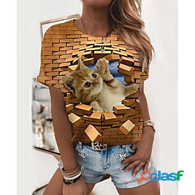 Womens 3D Printed 3D Cat T shirt Cat 3D Animal Print Round