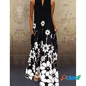 Women's A Line Dress Maxi long Dress Black Sleeveless Floral