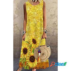 Womens A Line Dress Maxi long Dress Yellow Sleeveless Floral